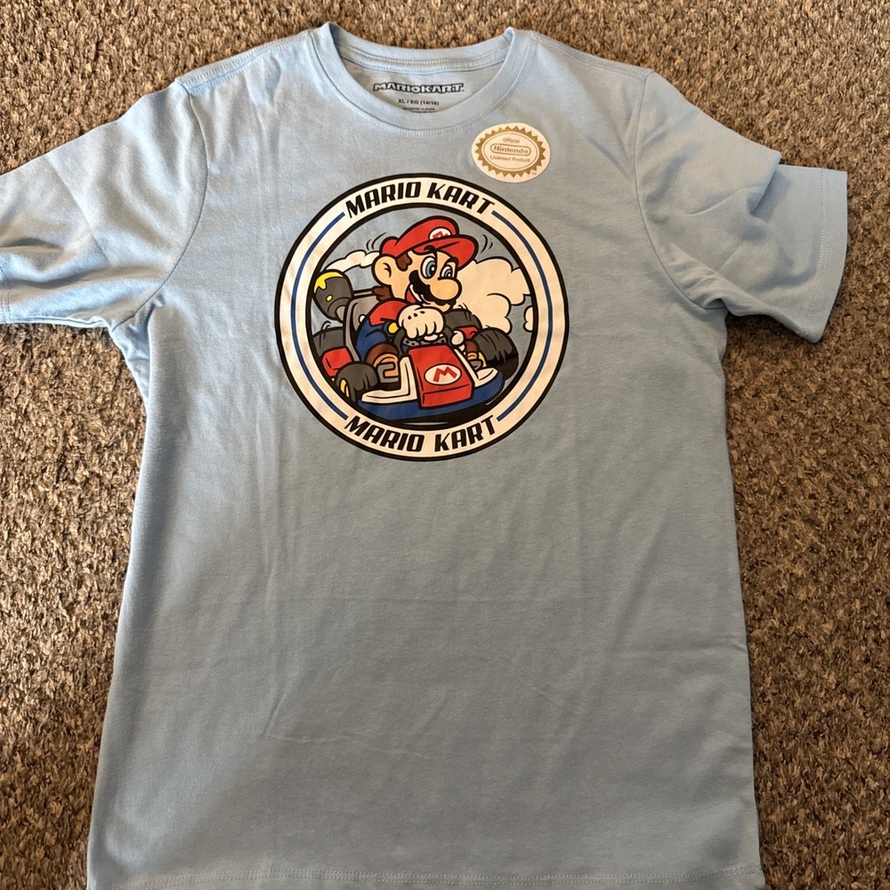 Nintendo Light Blue Boys Mario Kart Graphic T-Shirt Top Size XL 14
